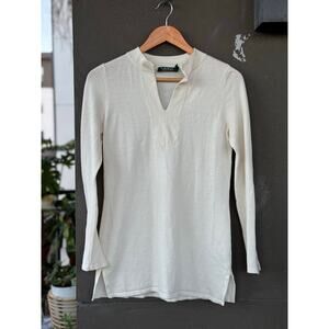Lauren Ralph Lauren Small Cotton White Tunic Henley Shirt Long Sleeves Top Slits